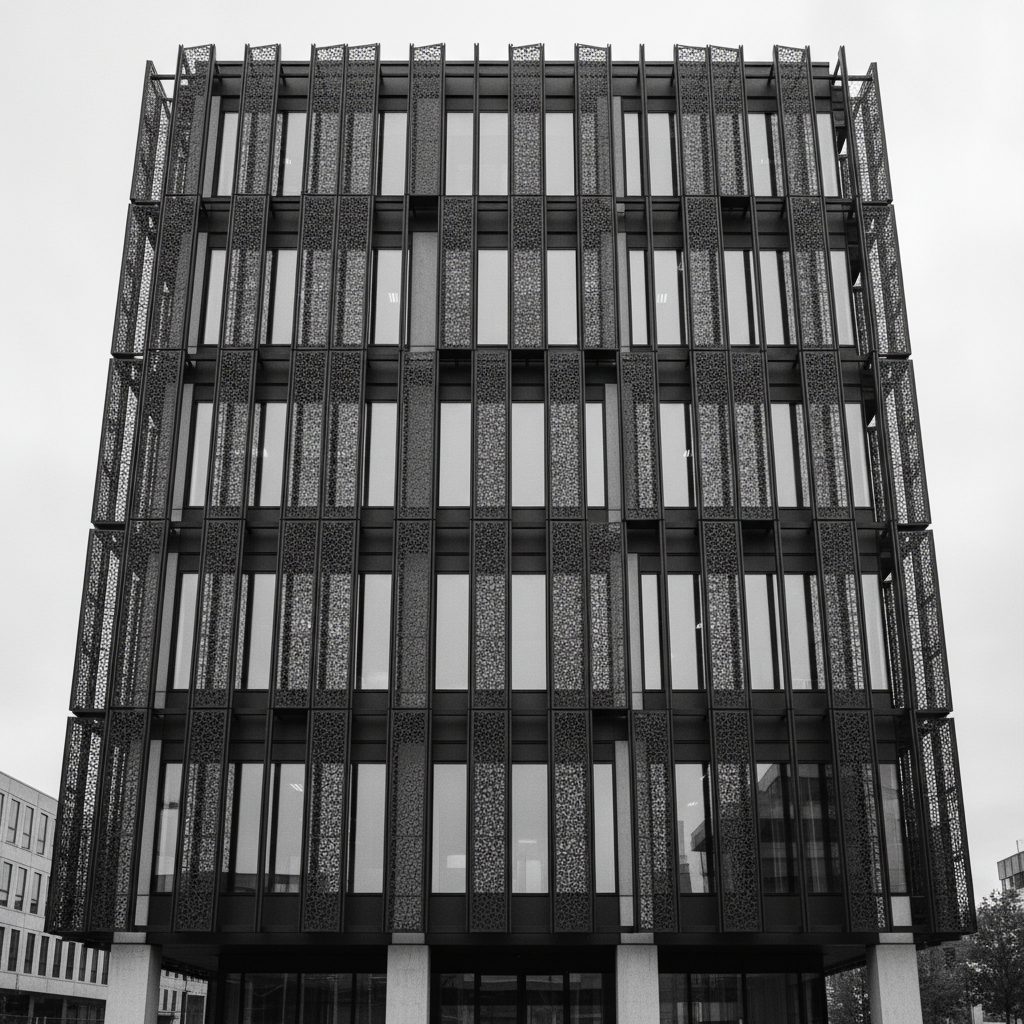 Modern office building with vertical black metal screens, clean lines, and geometric facade