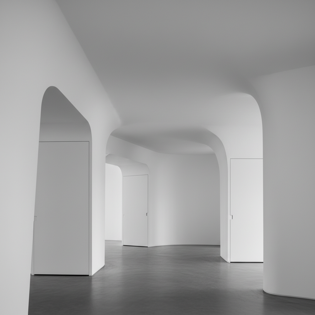Minimalist interior space with dramatic white walls, ambient lighting, and clean architectural volumes