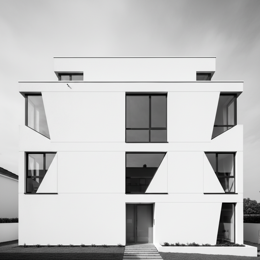 Contemporary residential building with clean white facade, geometric windows, and minimal landscaping